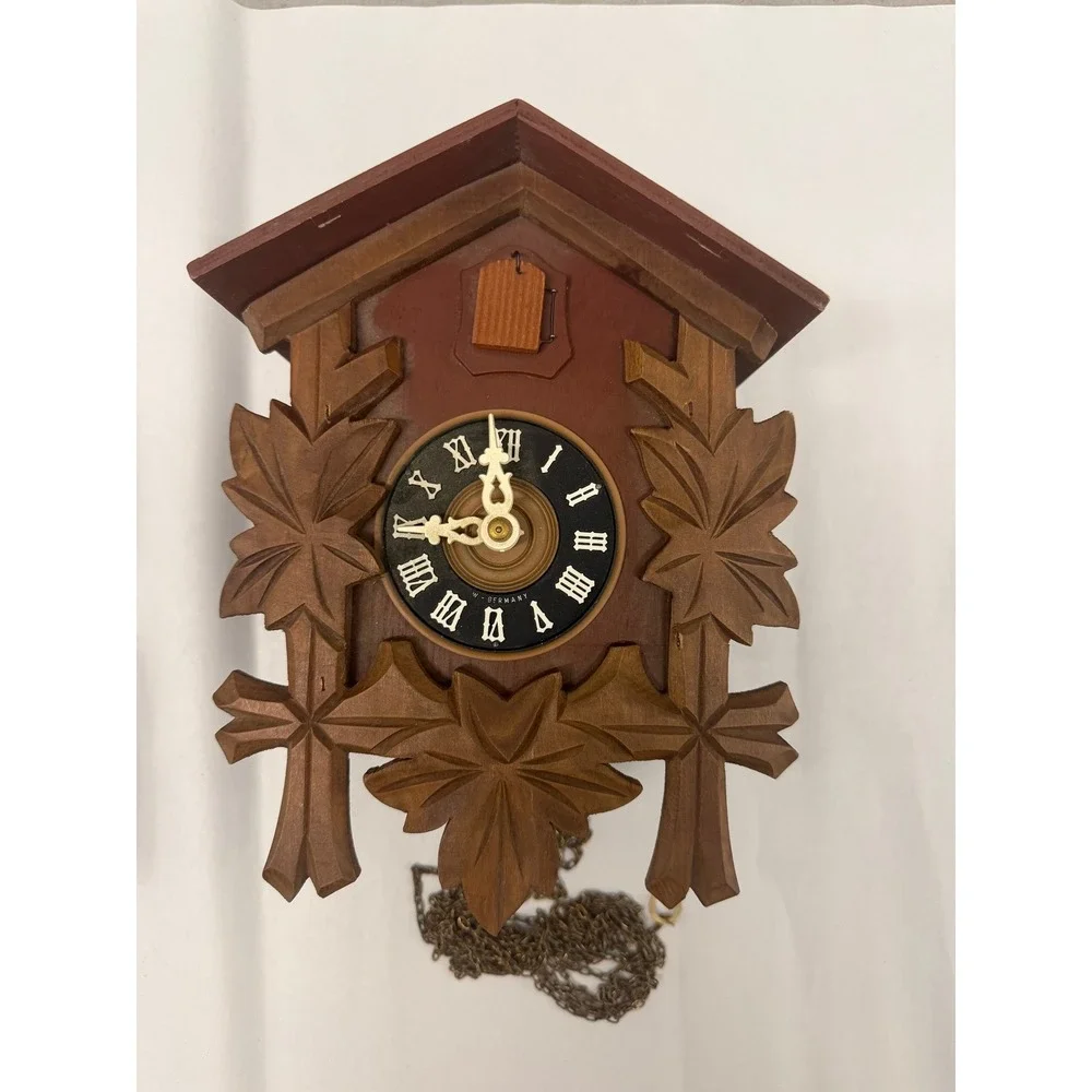 Vintage West Germany Cuckoo Clock Hand Carved Wood Black Forest Maple Leaf Bird
